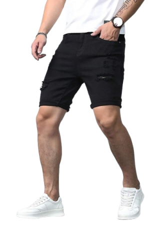 Men Cotton Ripped Frayed Denim Shorts Plain Denim Jorts Plain Black Denim Shorts Black / S