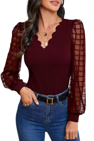 Clasi Women's Mesh Splice Shirt With Scalloped Hemline In Neck,Long Sleeve TopsBurgundy / L