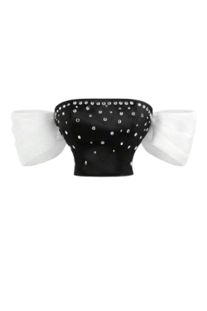 MOD Black And White Colorblock Off-Shoulder Faux Pearl Embellished Tops Black and White / XS