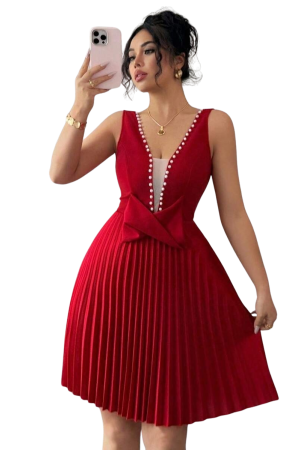 Elenzga Sleeveless V-Neck Faux Pearl Decor Bowknot Ruched Waist Elegant Romantic Women Dress

Red / M