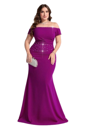 Coutiva Plus Size Women's Off Shoulder Pearl Accent Fitted Mermaid Formal Evening Dress  Hot Pink / 0XL