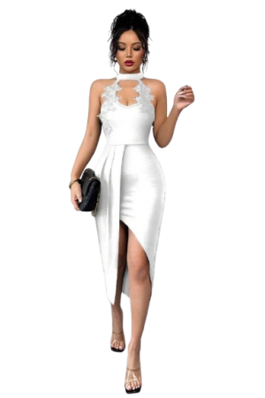 Elenzga Elegant Lace Trim Fashion V-Neck Sleeveless High Slit Maxi Bodycon Dress For Women, Suitable For Vacation, Daily Life, Party & Gathering

White / L