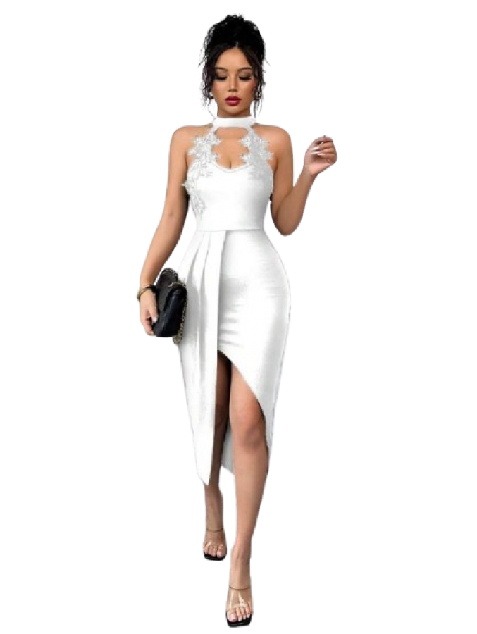 Elenzga Elegant Lace Trim Fashion V-Neck Sleeveless High Slit Maxi Bodycon Dress For Women, Suitable For Vacation, Daily Life, Party & Gathering
White / L