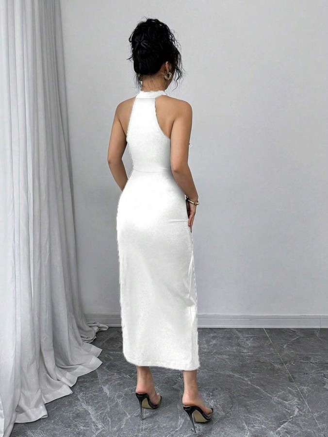 Elenzga Elegant Lace Trim Fashion V-Neck Sleeveless High Slit Maxi Bodycon Dress For Women, Suitable For Vacation, Daily Life, Party & Gathering
White / L - Image 4