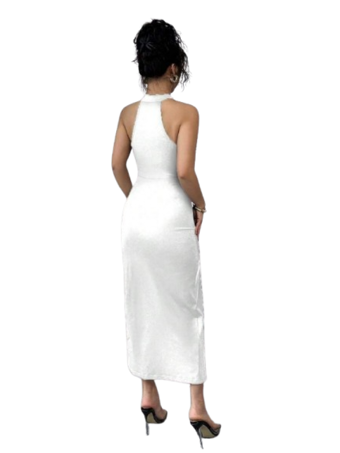 Elenzga Elegant Lace Trim Fashion V-Neck Sleeveless High Slit Maxi Bodycon Dress For Women, Suitable For Vacation, Daily Life, Party & Gathering
White / L - Image 2