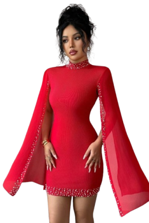 Selianne Women's Beaded Round Neck Fitted Mini Bodycon Dress
Red / M