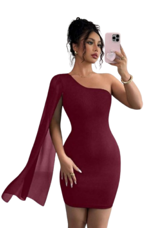Elenzga Women's Asymmetrical Shoulder Puff Sleeve Bodycon Mini Dress
Burgundy / L