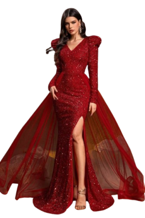 Faeriesty Elegant V-Neck Long Sleeve Dress For Ladies, High Slit Design Red / L