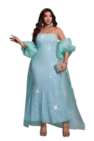 Viva Relle Plus Size Women's Fashionable Party Sequin Off-Shoulder DressBlue / 0XL