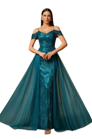 Women's Fall Elegant Off-Shoulder Sequined Embroidery Mesh A-Line FestivalTeal Blue / XL