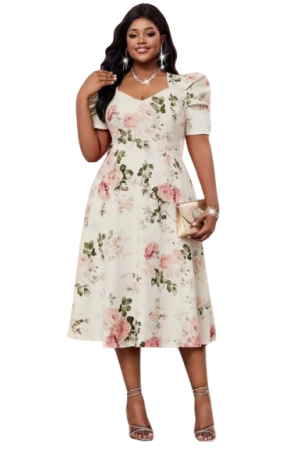 Floral Print Short Sleeve Elegant Dress Multicolor / 1XL