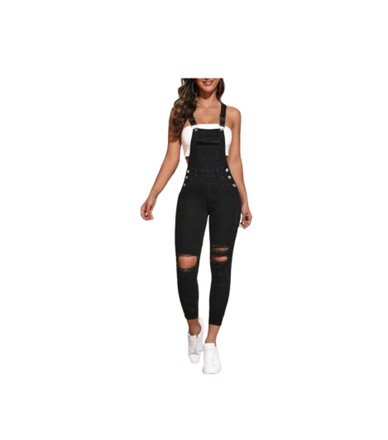 PETITE Ripped Frayed Denim Overalls Without Tank Top Black / Petite M
