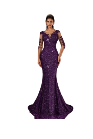 Long Sleeve V-Neck High Waist Fishtail Formal Evening GownPurple / L