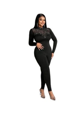 Small Stand-Up Collar Mesh Stitching Hot Women's Tight Jumpsuit Black / S