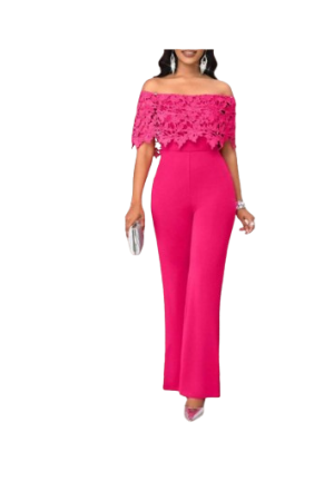 Women's Minimalist Contrast Lace Off Shoulder Flare JumpsuitHot Pink/L