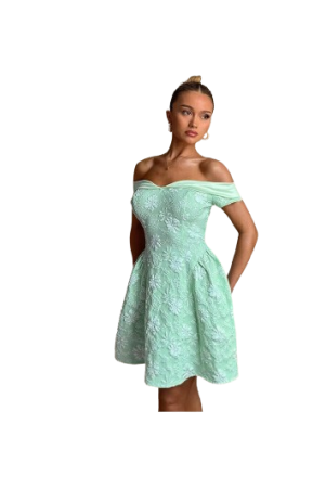 Off Shoulder Retro Palace Style Jacquard Dress Mint Blue / M