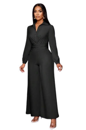 Women's Solid Color Lapel Long Sleeves Wide Legs Elegant Brown Black / L