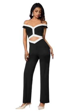 Fashionable Elegant Off-Shoulder Contrast Color Hollow Out Fitted Jumpsuit Black / L