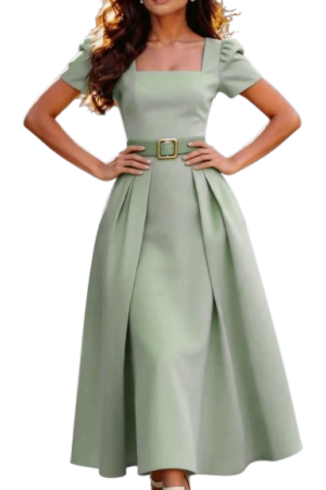 Clasi Women's Elegant Solid Color Square Neck Short Sleeve Midi Dress, Summer
Pastel Green / L