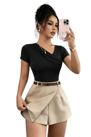 Raffinéa Women's Fashion Short Sleeve Collar Splice Casual Commuter T-Shirt Black