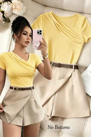 Raffinéa Women's Fashion Short Sleeve Neckline Layered Yellow