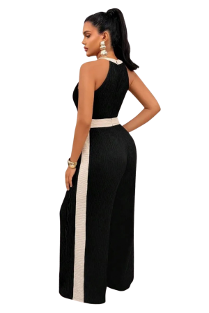 AIJ Fall Black Beige Contrast Halter Neck Jumpsuit Cutout Front Textured WidFixed Black / L