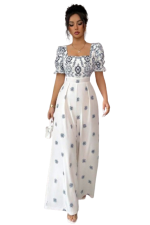 Elenzga Women's Chinese Style Blue & White Printed Square Collar Puff Sleeve Ruffle Hem Multicolor