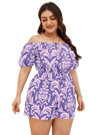 Plus Size Boho Off Shoulder Allover Print Jumpsuit Purple / 3XL
