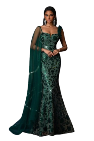 Glamrae Elegant Sequin Splice Shoulder Flare Sleeve Mermaid Dark Green / XS