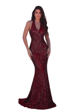 Alluring Sequin Mermaid Long Evening Dress, Strapless Backless Tie-Up Burgundy / S