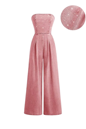 MOD Women's Solid Color Minimalist Daily Wear Rhinestone Decor Strapless Denim JumpsuitPink / L
