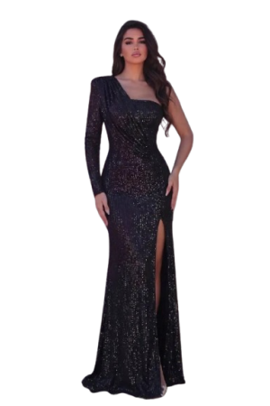 One-Shoulder Slit Sequin Black Gown, Elegant Long Sleeve Occasions black / XS
