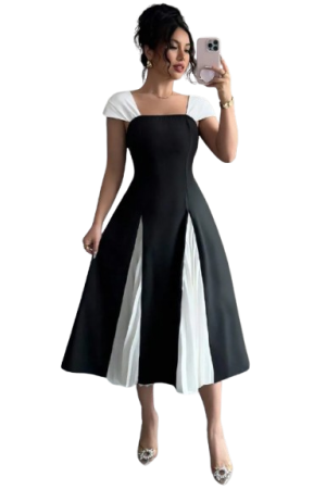 Contrast Color Splicing Pleat Decorated Square Collar Midi Dress For WomenBlack / M