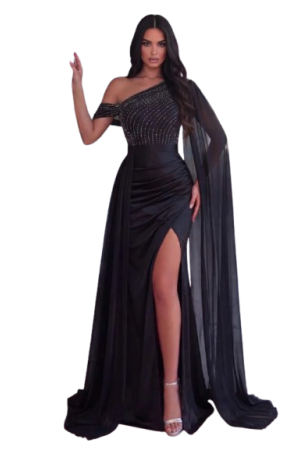 Rhinestone Embellished Asymmetric Neckline Ruffle Trim Side Slit Hem Formal Dress

Black / XS