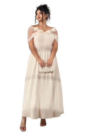 3D Floral Decor Off Shoulder Mesh Sleeve Dress Apricot / 0XL