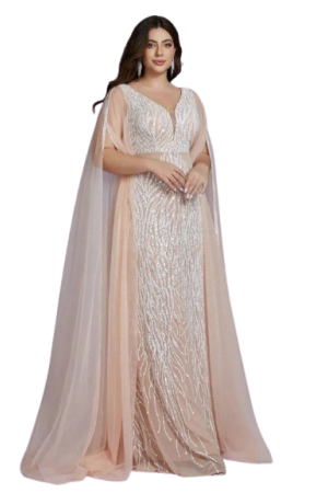 Plus Size Women V-Neck Netted Off-Shoulder Double-Layer Fitted Sequined Long Dress Baby Pink / 0XL