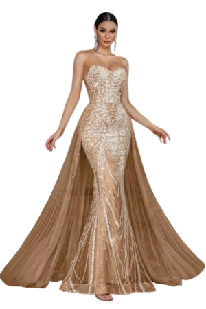 Shiny Beaded Women's Formal Dress, Sequin Gala Evening Gown Champagne / XL