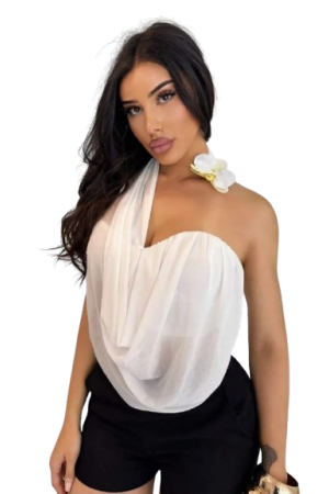 Shopreo Asymmetrical Sheer Mesh Faux Flower Decor Women Blouse

White / L