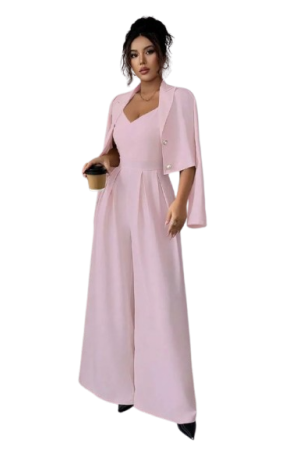 Elenzga Women Dusty Pink 2-Piece Set  Jumpsuit & Notched Collar Long Sleeve Jacket /