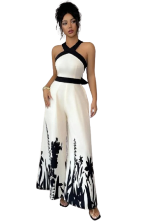 Women's Elegant French Style Black Patchwork Halter Backless Bowknot Tie Waist Long Printed Casual Jumpsuit Apricot / XL