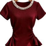 Short-Sleeved Knitted Ribbed Top Beaded Red / XL