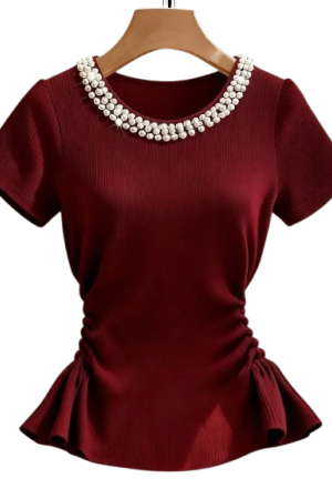 Short-Sleeved Knitted Ribbed Top Beaded Red / XL