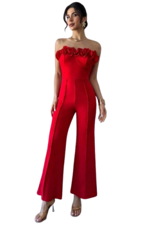 Rafferiza Women's Elegant Red Straight-Leg Casual Jumpsuit  / L