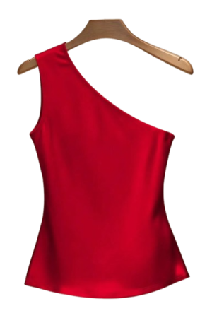 Elegant Fashion Oblique Collar Pleated Trim Button Decor Women Top  Red / XL