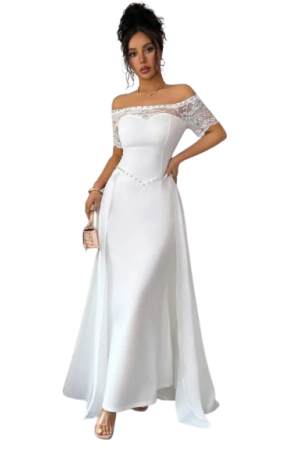 Elenzga Elegant Sexy Off-Shoulder Contrast Color Lace Short Sleeve / S