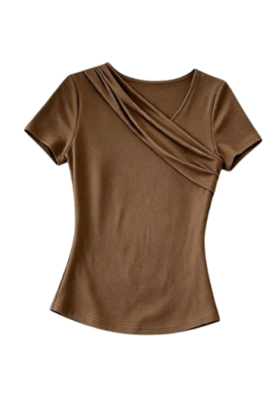 Raffinéa Women's Slanted Placket Twisted V-Neck T-Shirt,Slim Fit Brown