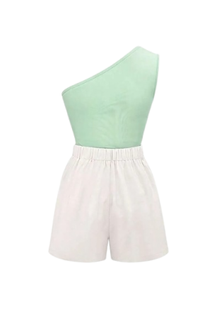 Elegant Fashion Green Ruched One Shoulder Fitted Tank Top  / L