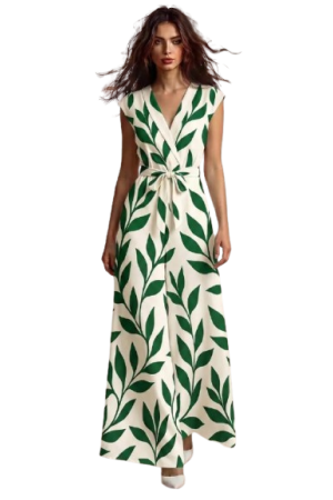 Summer Jumpsuit With Waist Cinching, Wide Leg Pants Set Botanical Print Green / XL