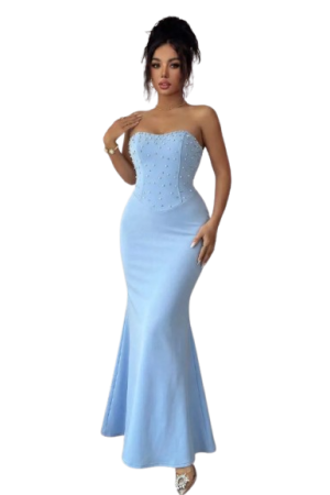 Elenzga Light Blue Pearl & Rhinestone Embellished Strapless Mermaid Maxi Dress Blue / L